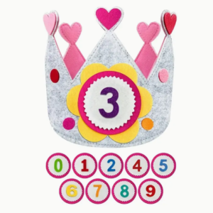 Vilten Verjaardagskroon met Verwisselbare Nummers 0-9 in Roze-Grijs
