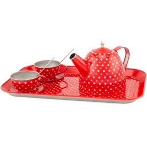 Rood Metalen Servies met Witte Stippen