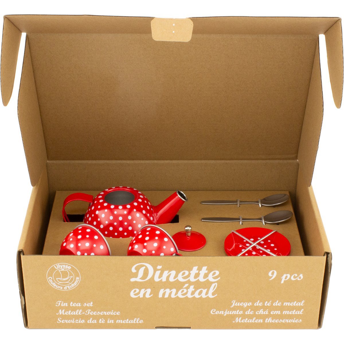 Rood Metalen Servies met Witte Stippen