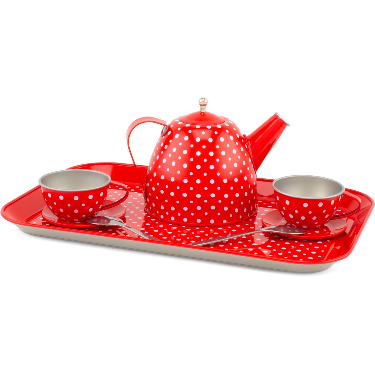 Rood Metalen Servies met Witte Stippen