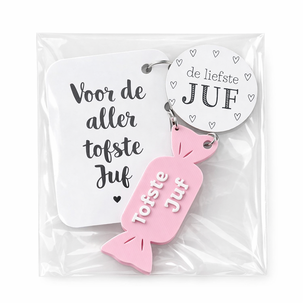 Sleutelhanger Voor de Aller Tofste Juf Roze