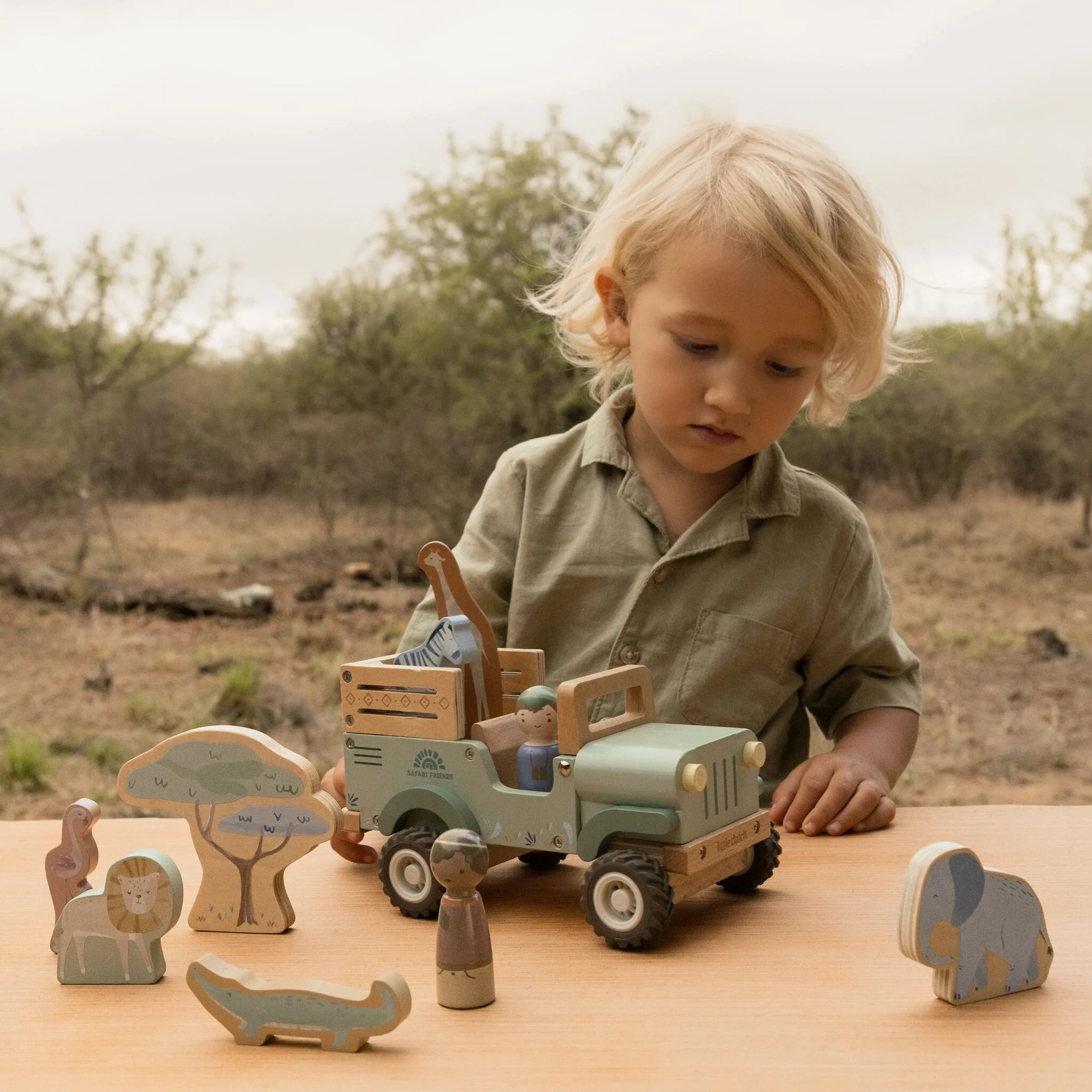 Little Dutch Houten safari auto met dieren - Groen - Afbeelding 4
