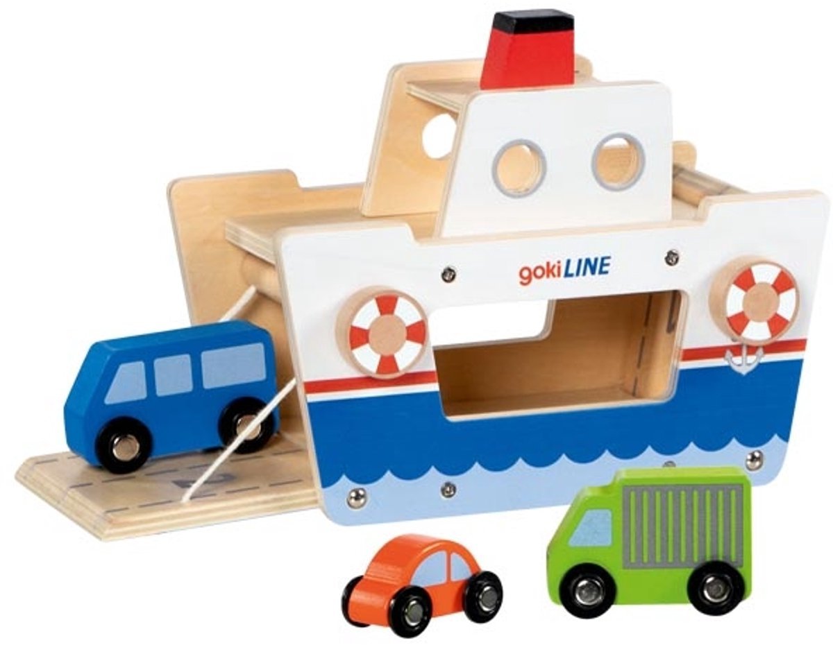 Goki Houten Veerboot met 3 Voertuigen - Afbeelding 4